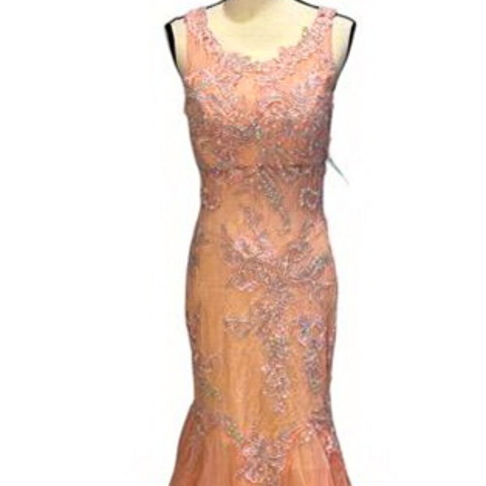 Nina Canacci Coral Lace Illusion Open Back Beaded Tulle Mermaid Gown